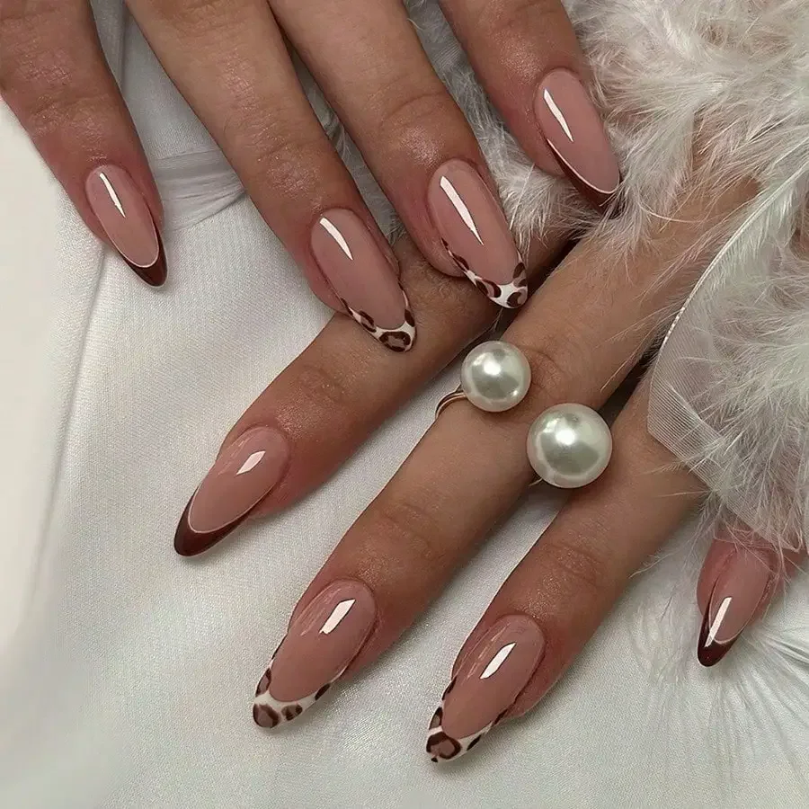 

24Pcs Almond Autumn French Leopard Press On Nails, Reusable, Free Shipping