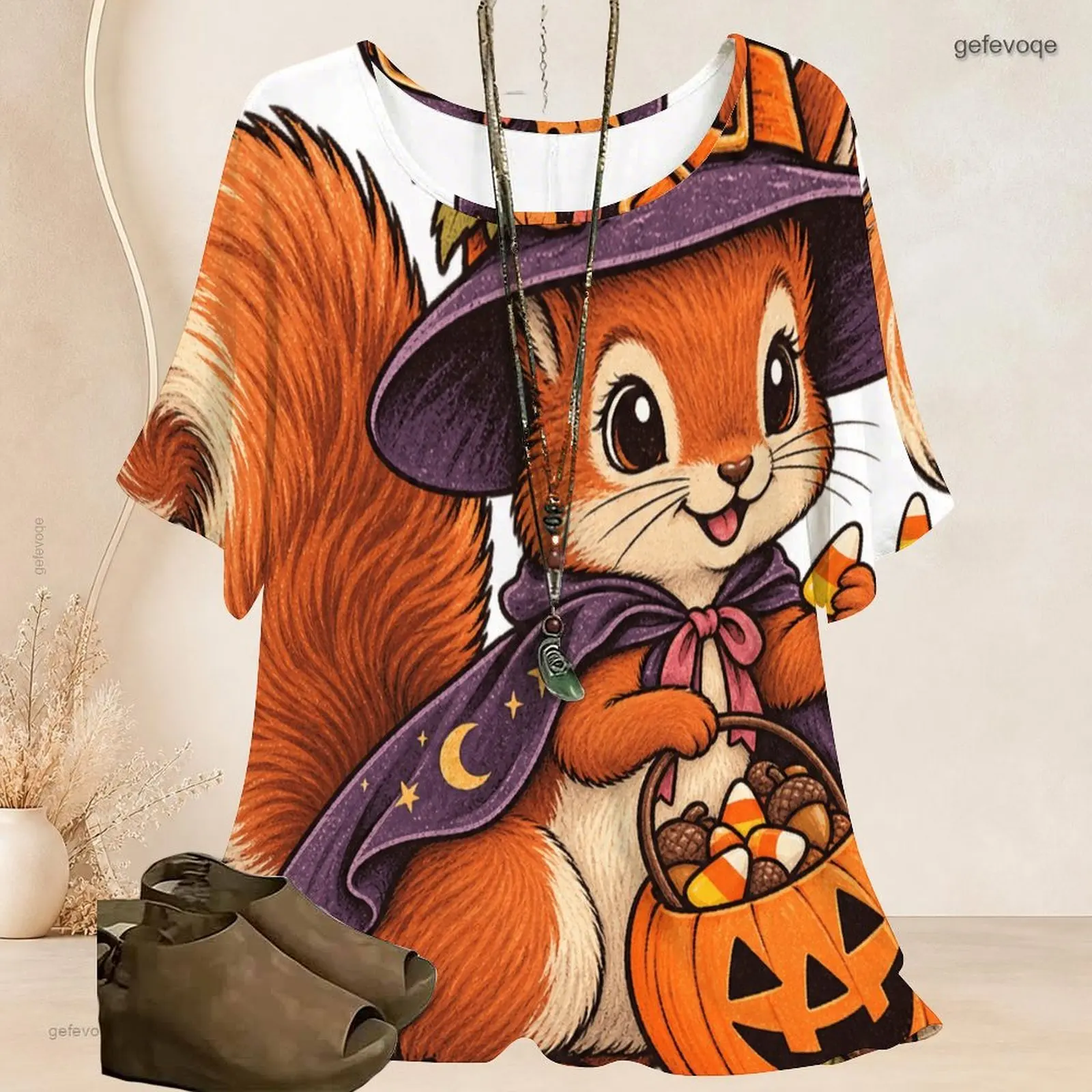 Women Printed Cute Halloween Witch Squirrel Round Neck Wide Batwing Short Sleeve Loose Top