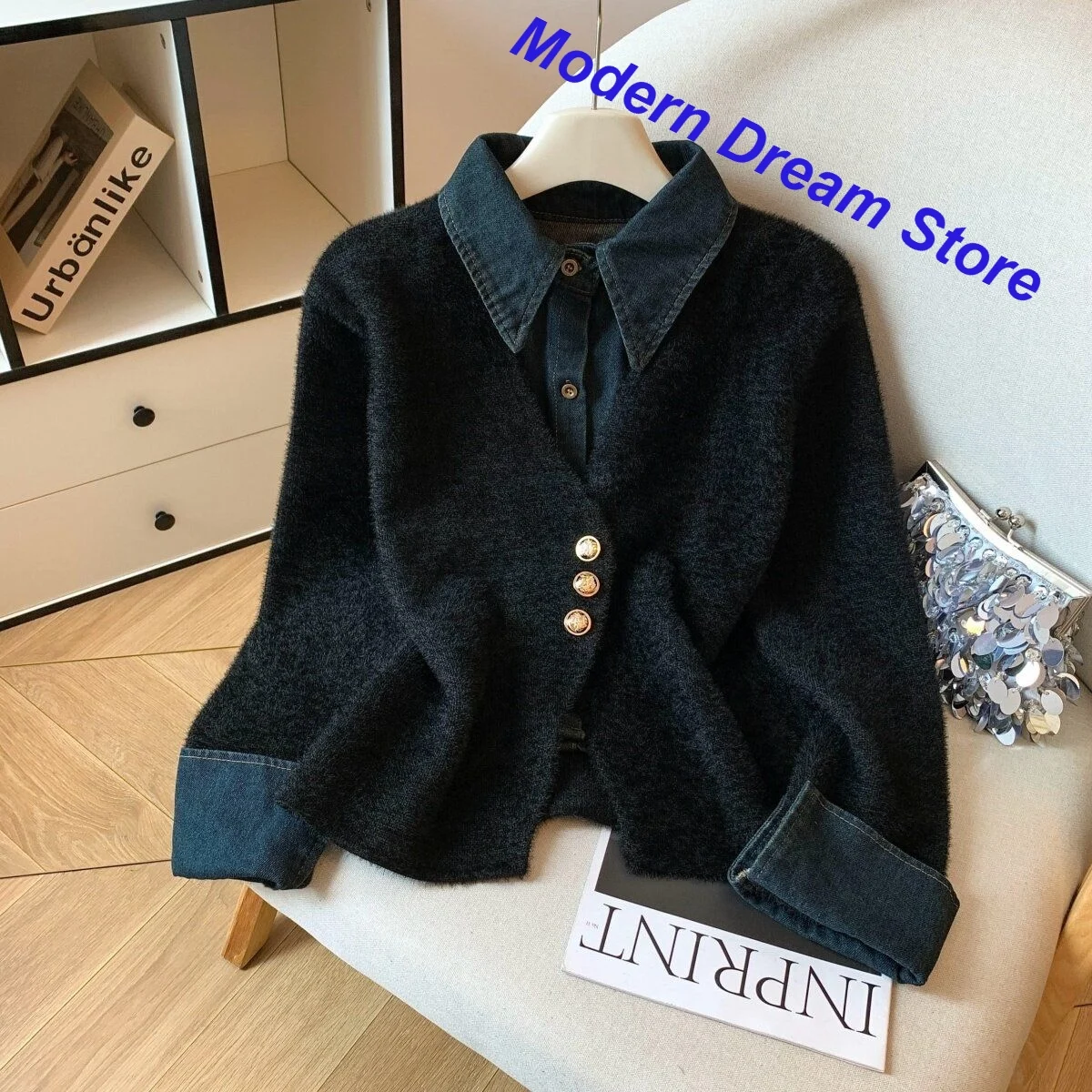 French denim stitching fake two-piece sweater women's autumn and winter new fashion loose small fragrant soft waxy sweater coat