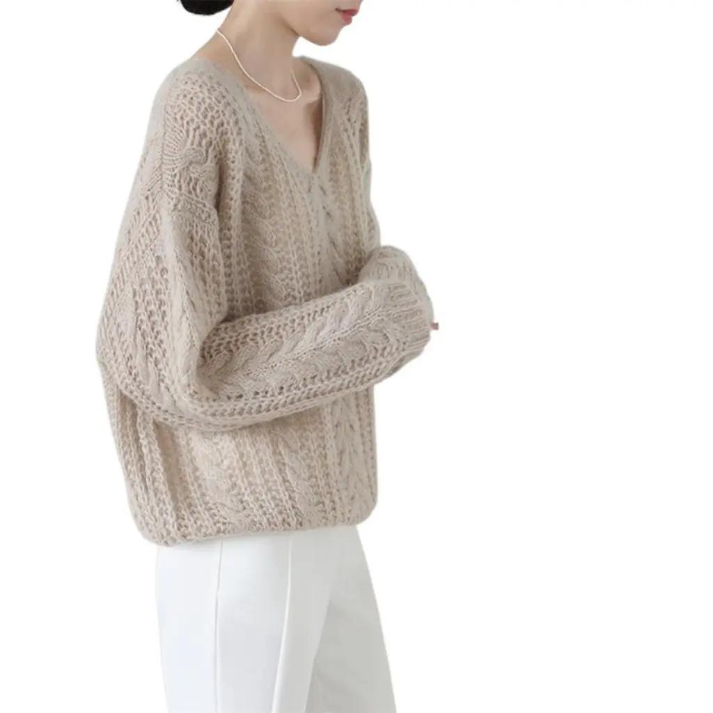 Damen-Pullover im französischen Stil mit V-Ausschnitt und hohlem Strickpullover, elegant, frühes Frühlings-Herbst-Winter-Basisschichthemd, westliche Top-Kleidung