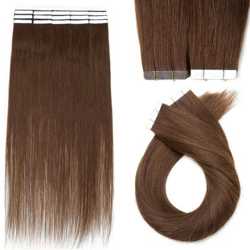 Tape In Hair Extensions Human Hair Medium Bruin #4 Color Steil Human Hair Extensions Licht Onzichtbare Skin Inslag Dubbelzijdig