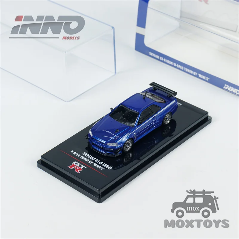 INNO 1:64 SKYLINE GT-R (R34)V-SPEC ปรับแต่งโดย MINE'S Blue โมเดลรถเหล็ก