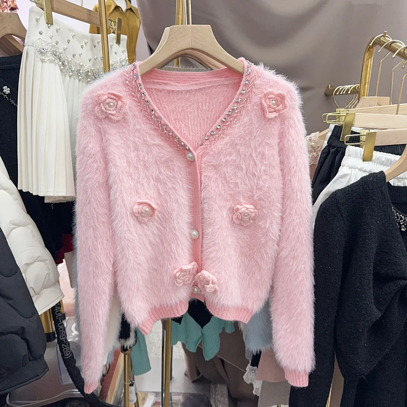 

2023 Autumn Winter New Cardigan Y2k Diamonds Beading 3D Solid Flower Outerwear Single-breasted Soft Glutinous Sweater Women