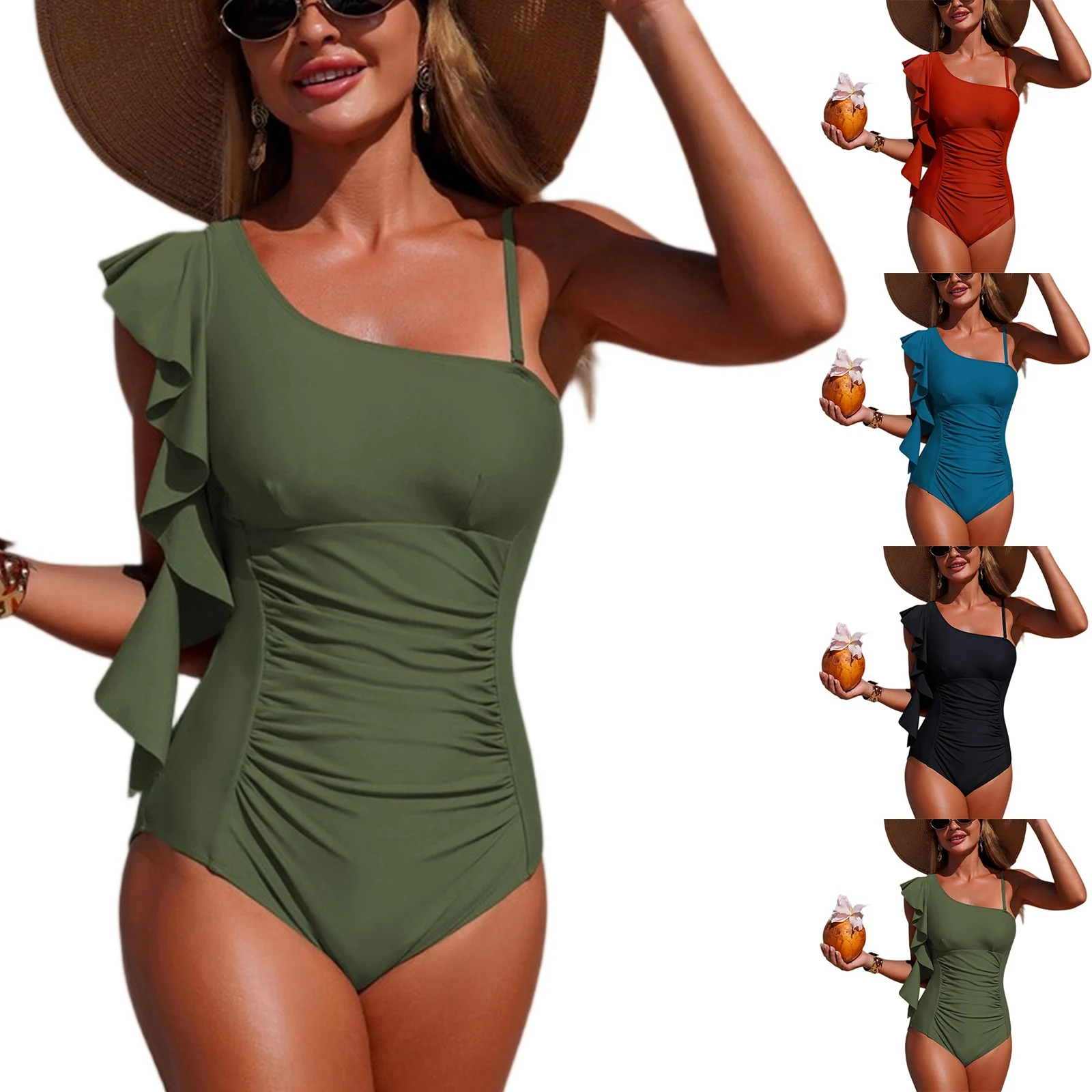 Women One Shoulder Swimsuit Summer Ruffle Trim Ruched Tummy Control Slimming Elegant One Piece Beach High Cut Bathing Suit