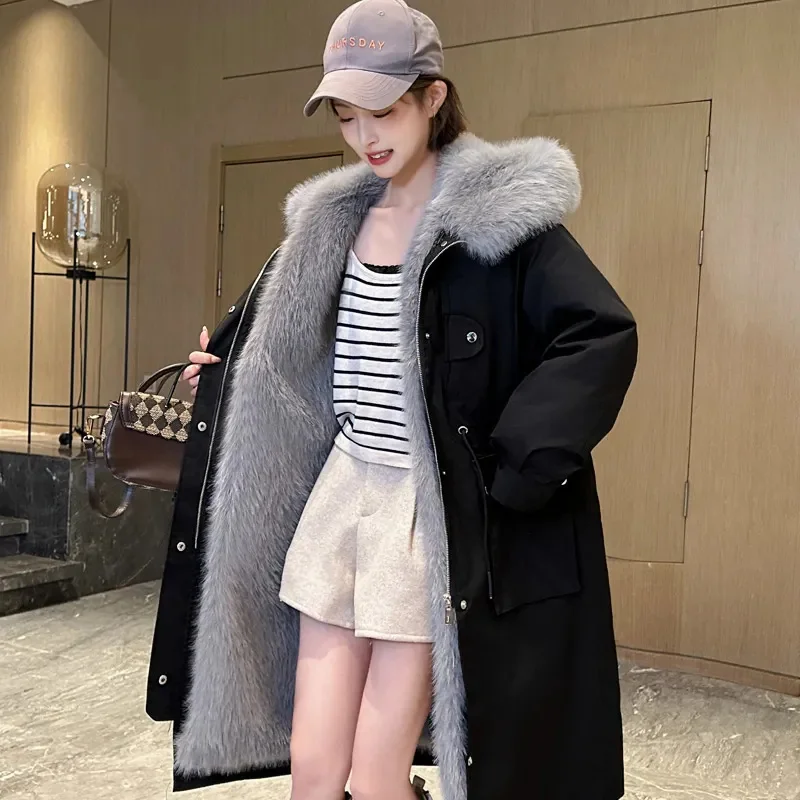 

Зимнее пальто с капюшоном из искусственного меха, женское новое модное пальто с длинным рукавом, свободный меховой воротник, теплое пальто, пальто из лисьего меха, женская верхняя одежда, пальто