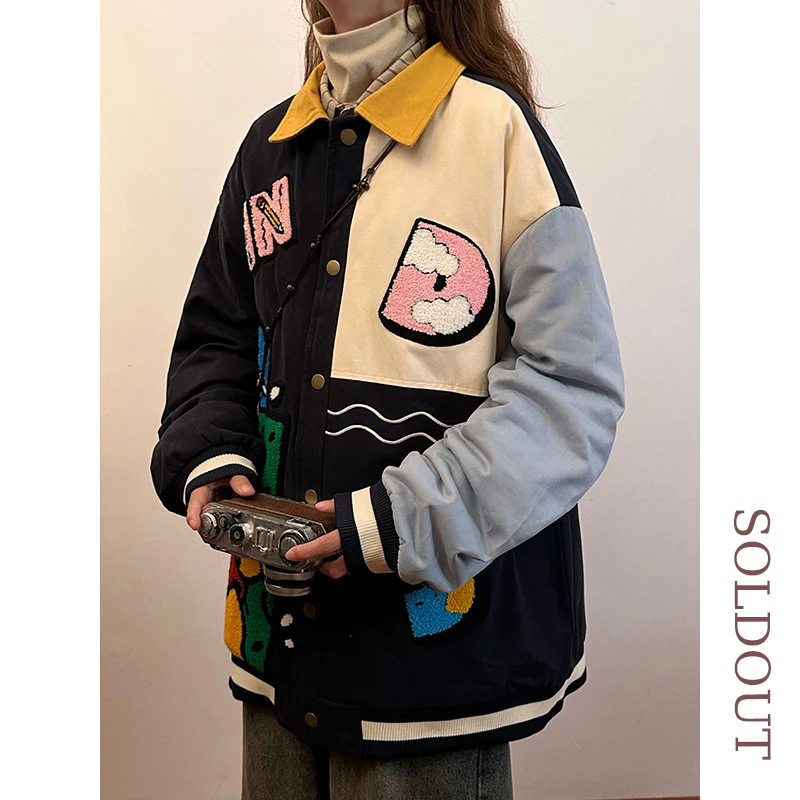 

Thiened Cotton Jaet Women's Warmth Winter Coat Street Sle Loose Fit Long Sve Zipper Closure Embroidery Decorated