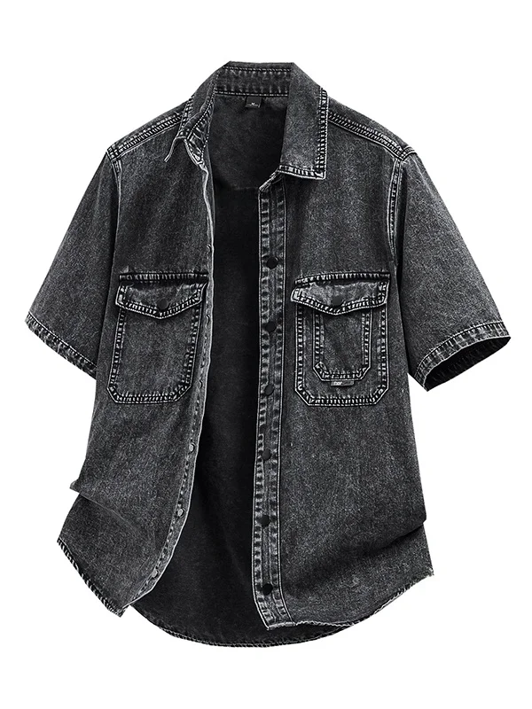 

High-End Luxury Retro Denim ort-Sve irt Men Summer Thin Loose Casual Versatile Collared irt Jaet Men Cotton Polyes...