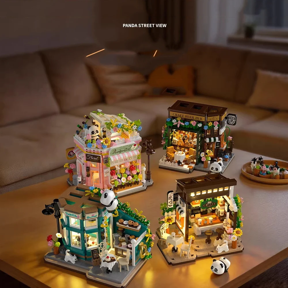 

Lovely Cartoon Animal Micro Diamond Build Block China Panda Pub Bakery Florist Cafe Nanobrick Street View Brick Toy With Light