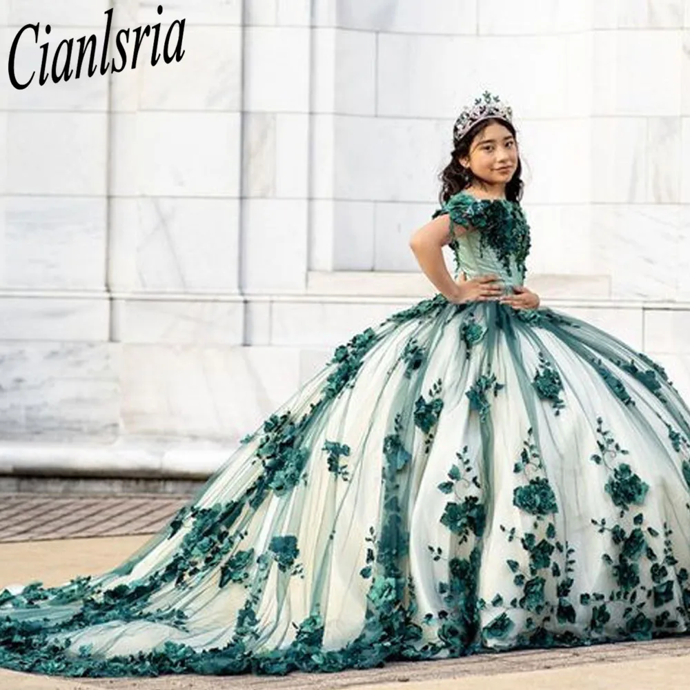 Vestidos De Quinceañera De encaje con apliques florales 3D, vestido De baile, corsé De hombros descubiertos, Verde