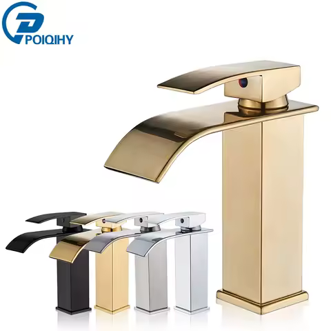 POIQIHY Brushed Gold Basin Faucet Deck Mount Waterfall Mixer Water Single Handle Bathroom Cold Hot Faucet One Hole Washbasin Tap
