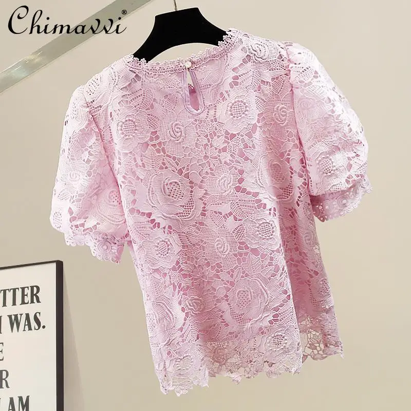 Mode Schwere Spitze Hohl Sexy Hemd Frühling und Sommer Neue Süße Blase Kurzarm Dünne Vielseitige Bluse frauen Top