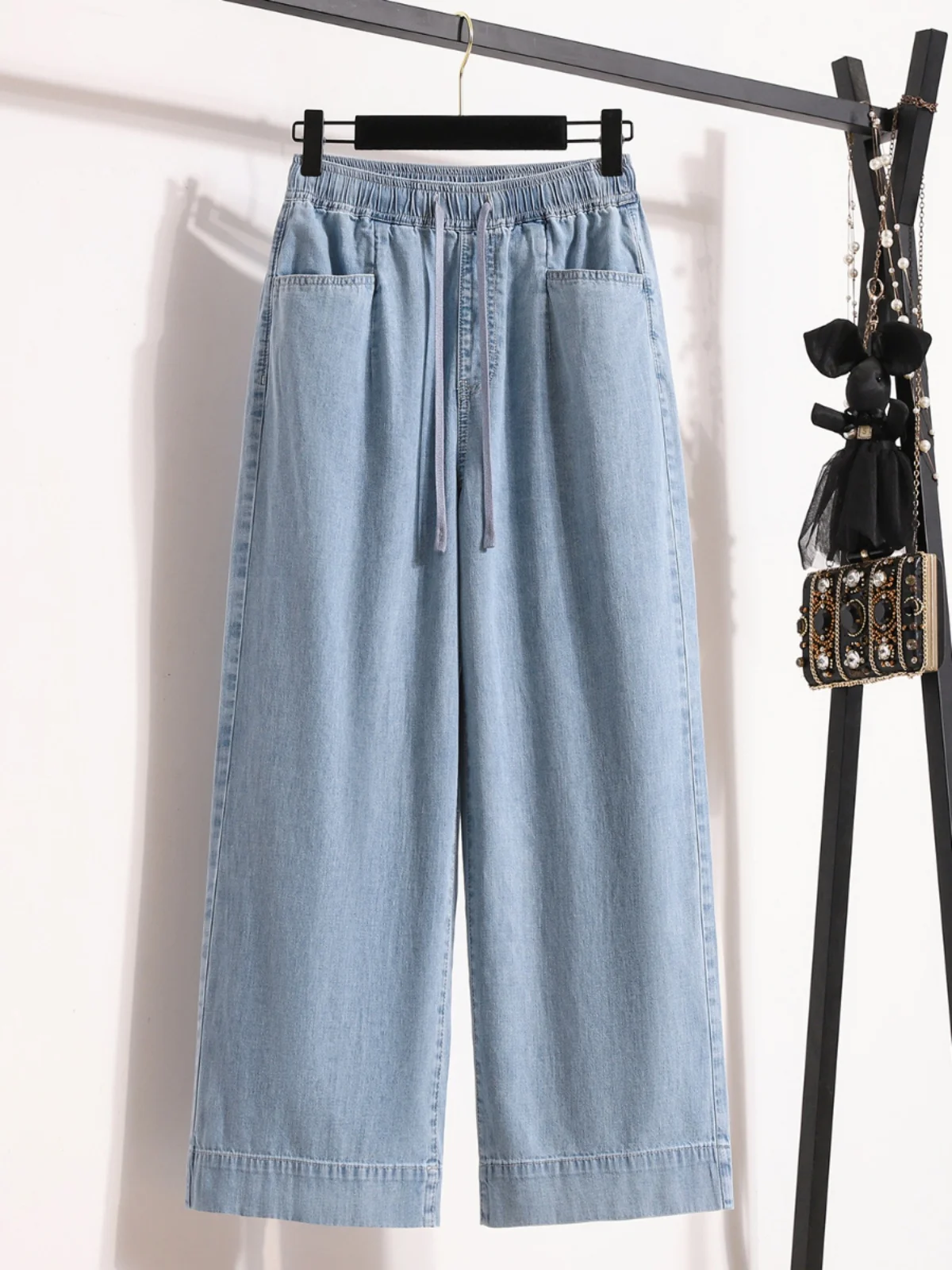 High Waist Straight Leg Lycra Denim Jeans Thin Model Women's plus Size 2024 Summer Fashion Hong Kong Style Nine Point Wide Le...