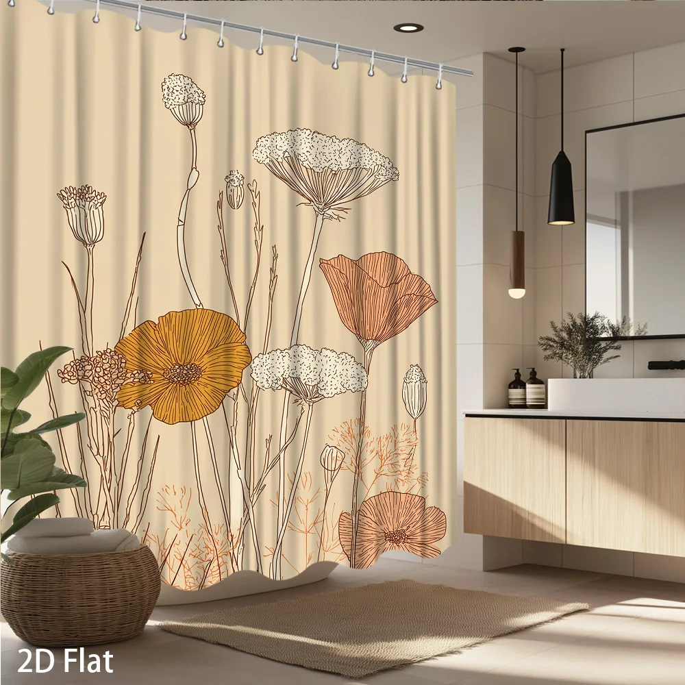 Botanical Wildflower Shower Curtain – Watercolor Yellow & Orange Poppies with Delicate Stems on Cream Background, Waterproof