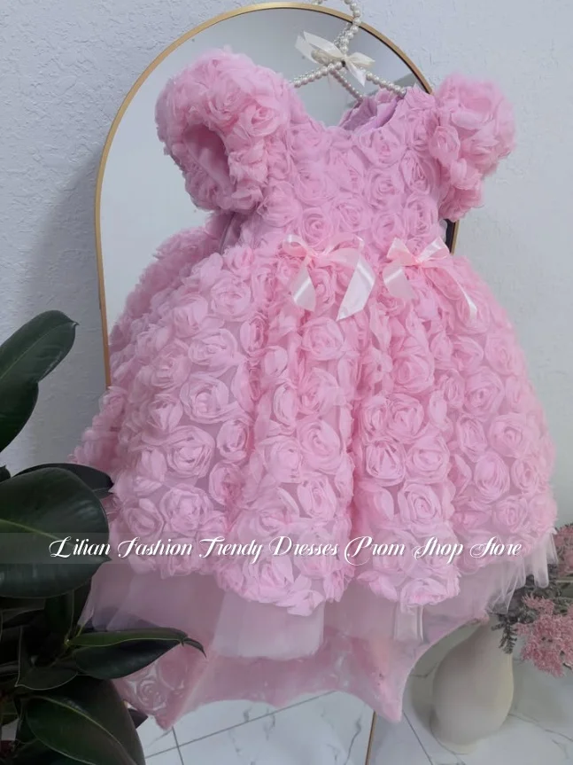 Pink Dreamy 3D Floral Lace Flower Girl Dress Customized Puff Sleeves Princess Bow Train Girls' Birthday Dress Baby Photo Shoot