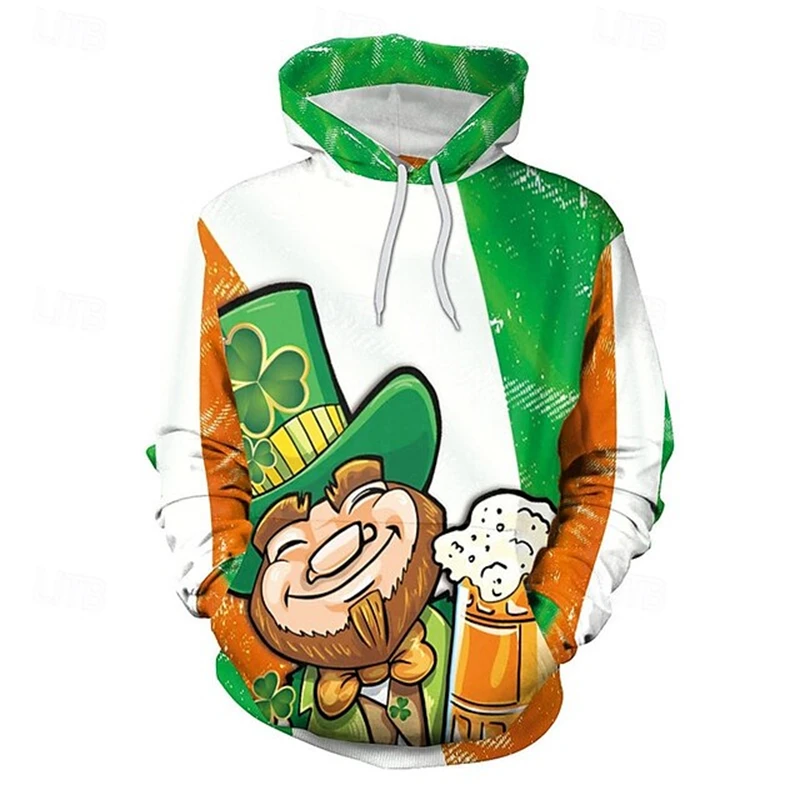 Men Hoodies St. Patricks Day Clothing 3D Print Green Clover Hat Graphic Hooded Pullover Unisex Irish Holiday Costumes Y2k Hoodie