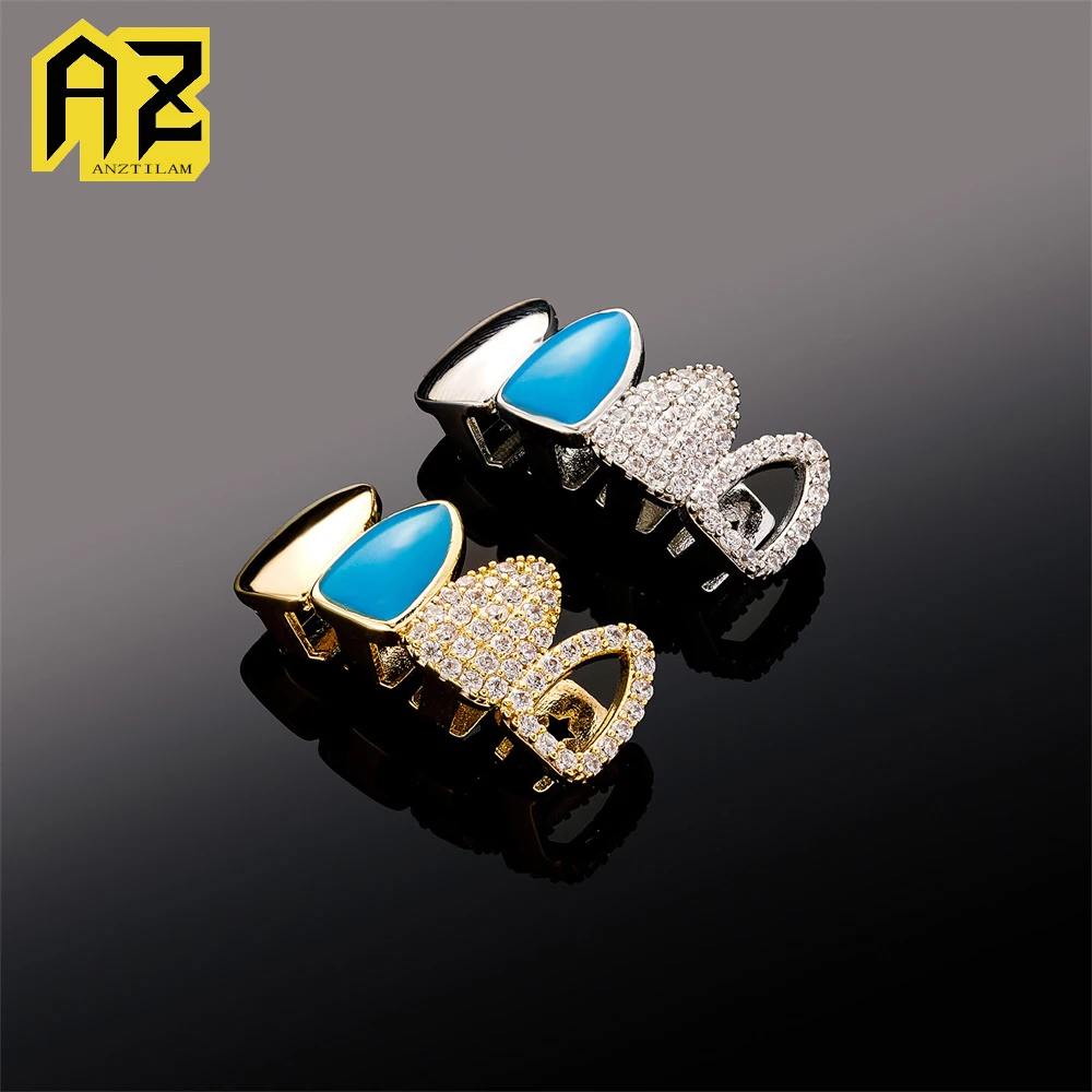 Anztilam Blue Oil 4 Teeth Grillz Iced Out Grill Tooth Men Women Hip Hop Grills Caps Brass Fashion Jewelry Free Shipping