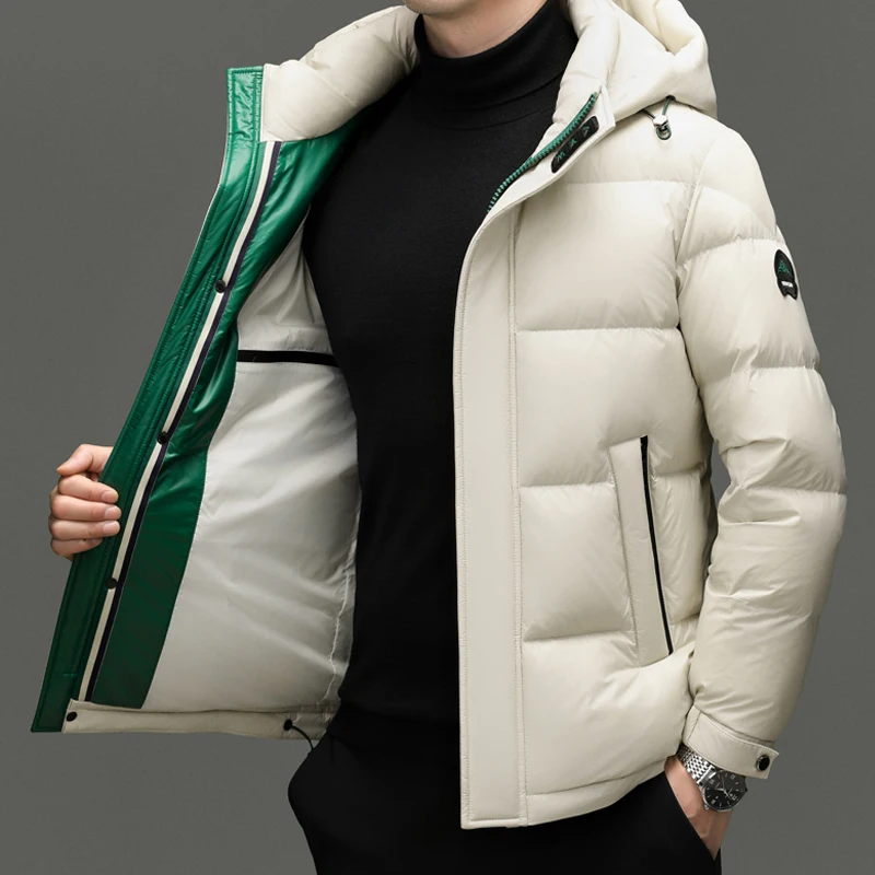 

90% White Duck Down Coat Men 2025 Winter Hood Wind-proof Puffer Jacket Luxury Fashion Solid Duck Down Parkas Coat