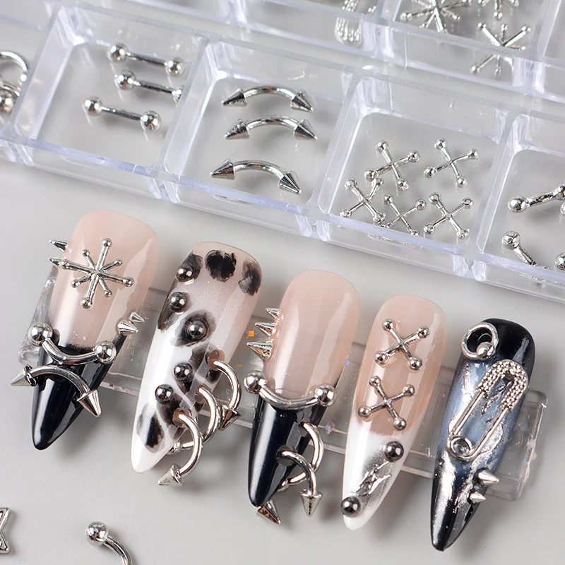 12 شبكة القوطي الشرير مسمار السحر ترصيع Y2K ثقب تصاميم معدنية فضي رسومات أظافر المسامير ثلاثية الأبعاد نجوم سبيكة مسمار الفن زينة