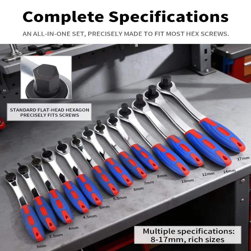 1Pcs Ratchet Quick Extended Hex Wrench Set, Hex Key Set M4-5-6-8-14-17mm CR-V Steel with Ball End Industrial Grade
