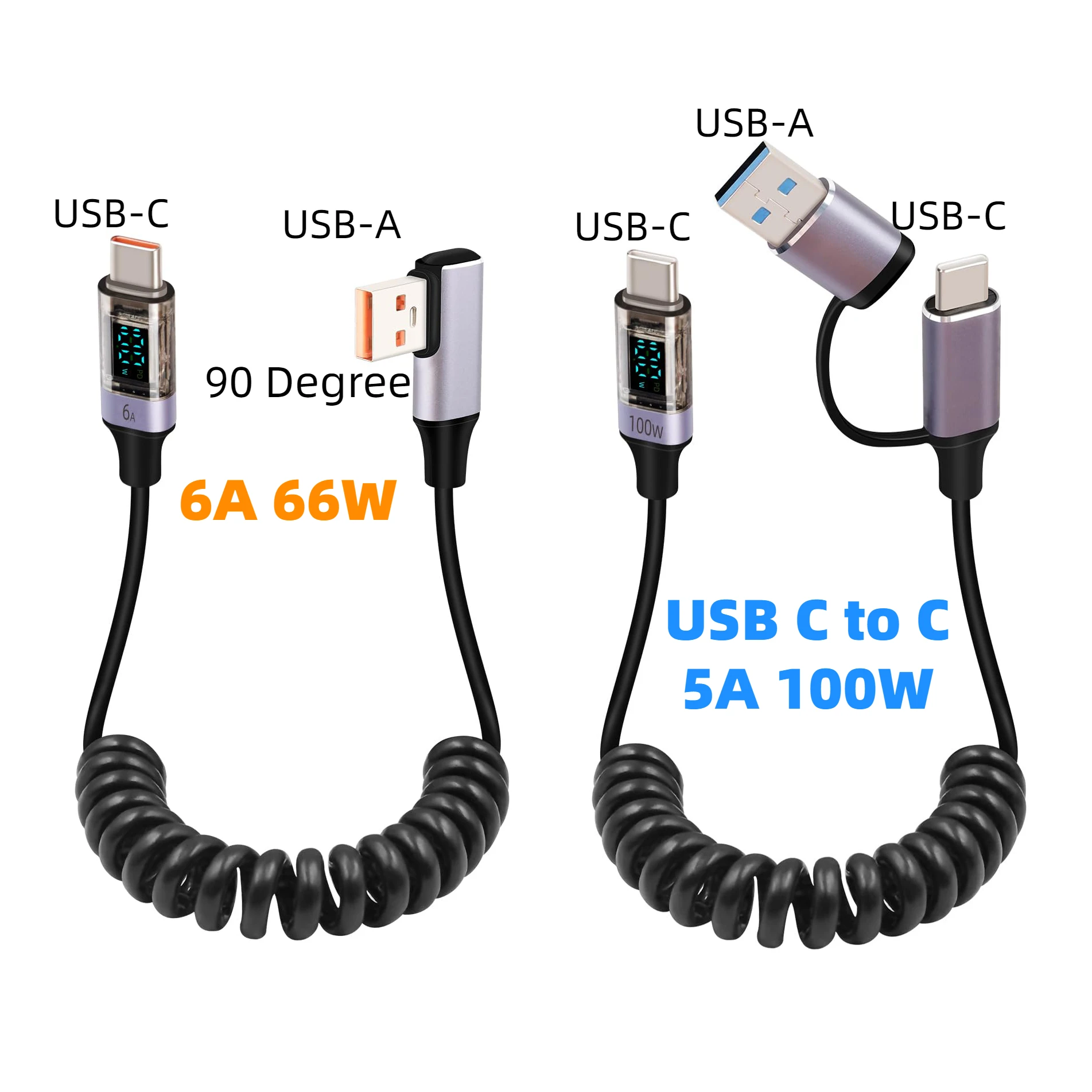 

90 Degree 66W Charge USB to USB C Coiled Cable with Power Display, Retractable USB C to C PD 100W Charging Cord for Phone Tablet