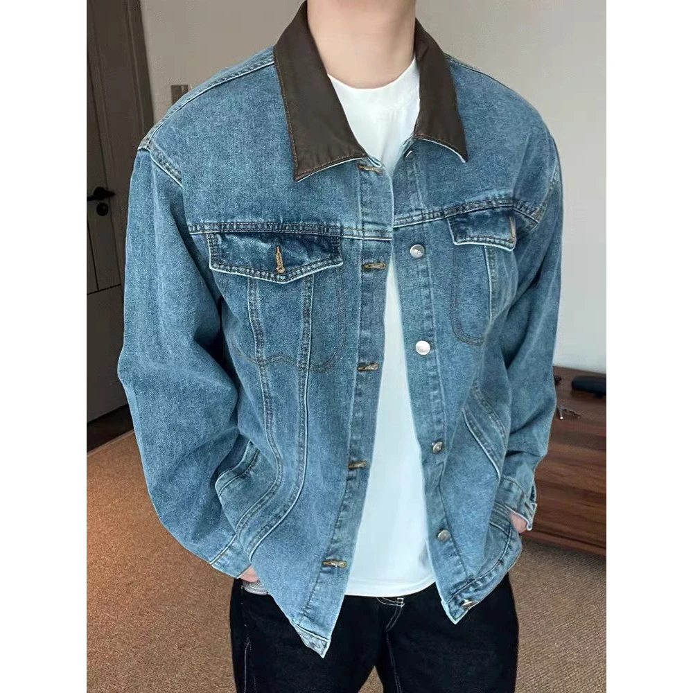 

Retro American Workwear Design Distred Color Blo Collar Loose BF Denim Jaet ex Spring Autumn Cotton Polyester