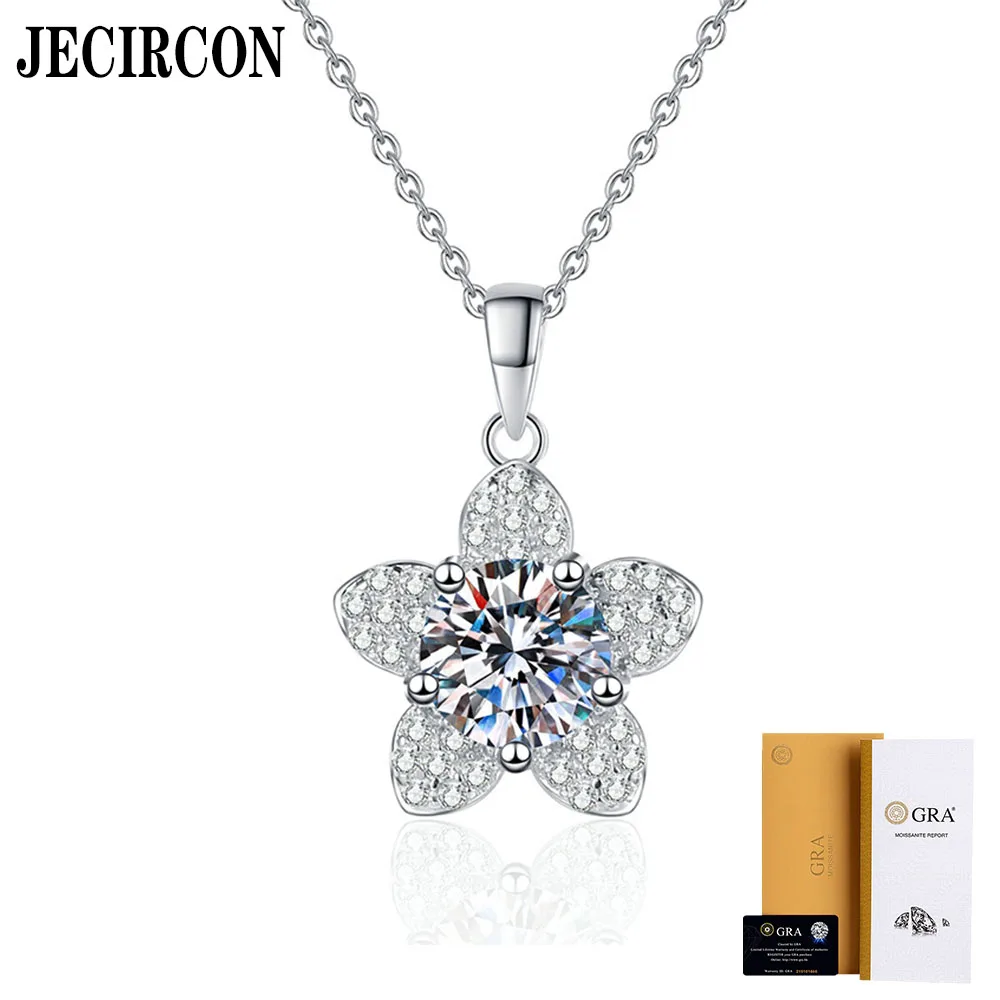 

JECIRCON Necklaces S925 Sterling Silver Necklace Moissanite Pendant for Women Camellia 1 Carat D Color Moissanite Clavicle Chain