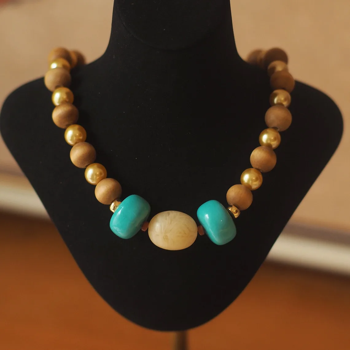 

Niche French Romantic Necklace - Turquoise, Gold-Tone, Tahitian-Style, Colorful Wooden Beads & Crystal-Like Pearls