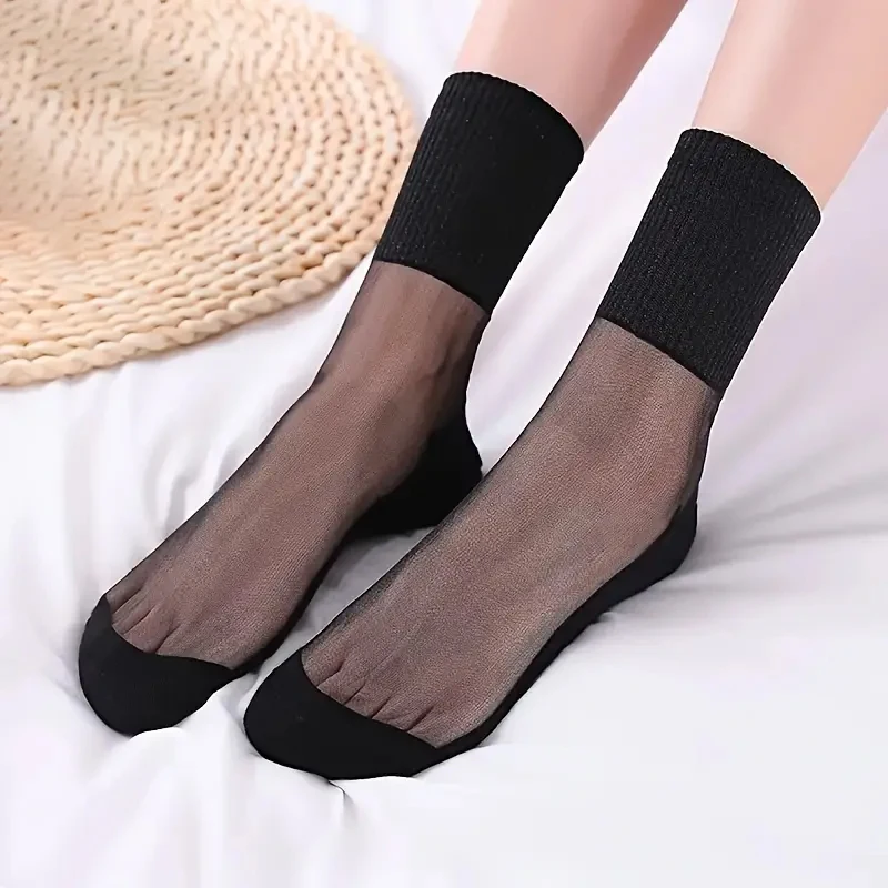 1/2/3/4/5Pairs Black Shiny Detail Socks, Colorblock Sheer Mesh Mid Tube Socks, Women's Stockings & Hosier