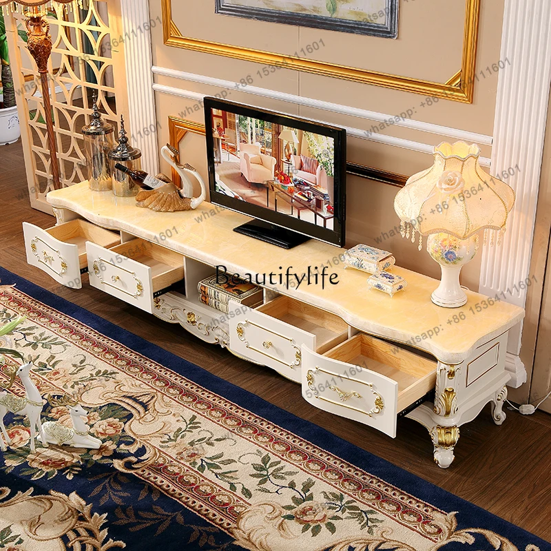 jj5 Marble TV Cabinet European-Style Solid Wood American Living Room Small Apartment White Gold and Silver Tea Cabinet