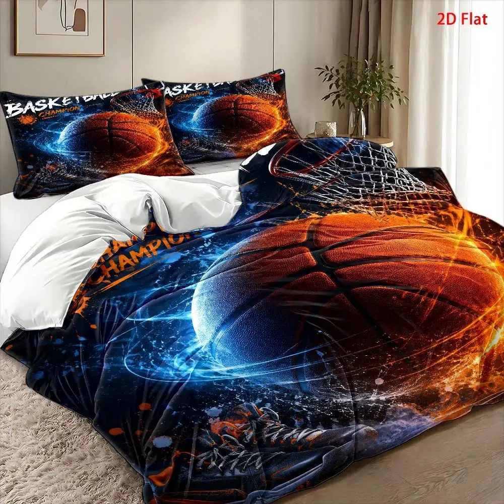 3Pc Basketball-Themed Printed Duvet Cover Set, Three-Piece Bedding Set (1*Duvet Cover + 2*Pillowcases), Light Luxury Style Double Bedding, All-Season Skin-Friendly Breathable Quilted Duvet Cover, Modern Minimalist Bedroom Decor, Duvet Cover Set, Zippered Closure, Easy to Clean, Durable, Machine Washable, Wrinkle-Resistant Polyester Fabric Woven Bedding Set, Suitable for Large Duvet Covers in Home, Dormitory, Master Bedroom, Guest Room, Nordic Style Bedding Set for Student Dormitories view 4