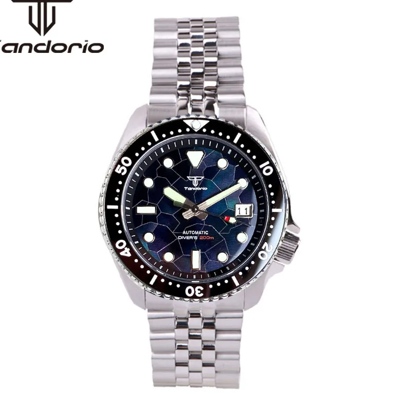 Imagem -04 - Relógio de Mergulho Automático Masculino Tandorio Mostrador Mãe de Pérola Vidro Safira Data Luminosa Aro Rotativo Fashion Nh35a 41 mm 200m