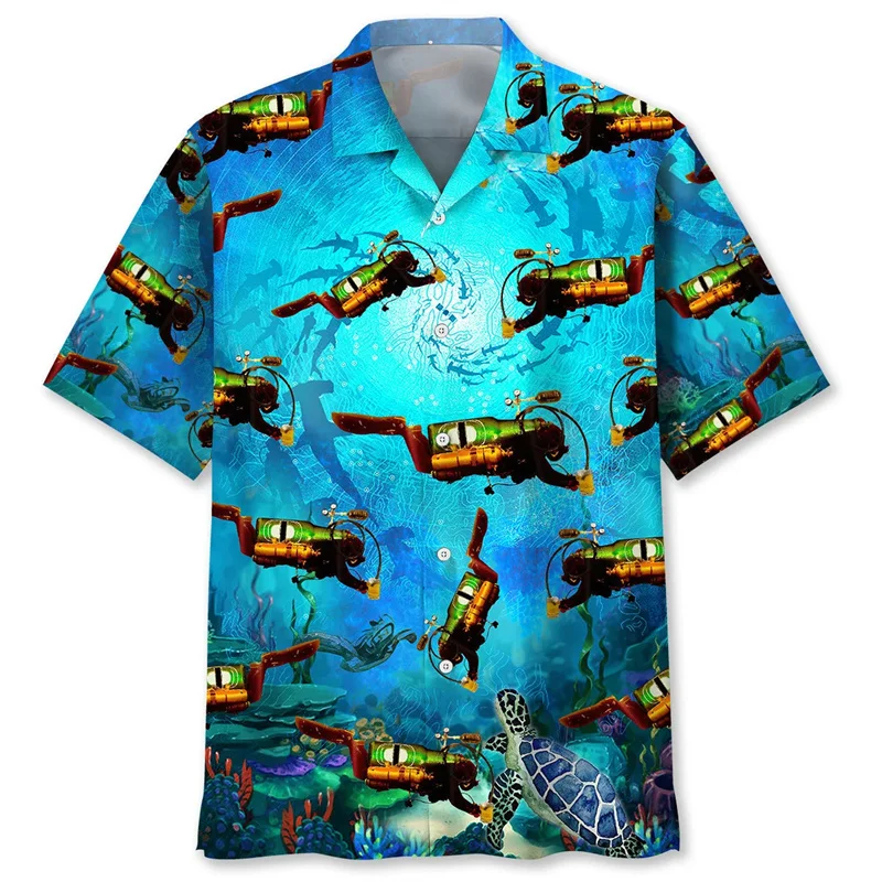Diving Ocean Hawaiian Shirt For Men Summer Beach 3d Printed Short Sleeves Casual Fashion Tops Oversized Lapel Button Blouse