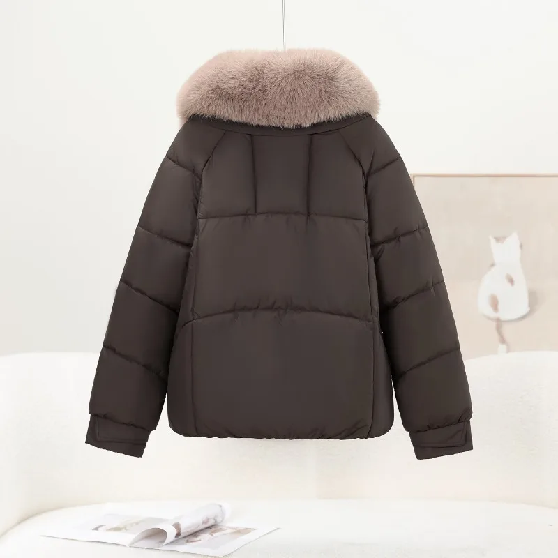 New Short Puffer Jacket Women Fur Collar Toggle Strap Quilted Slant Pockets Oversize Solid Minimal Fall Winter Trendy
