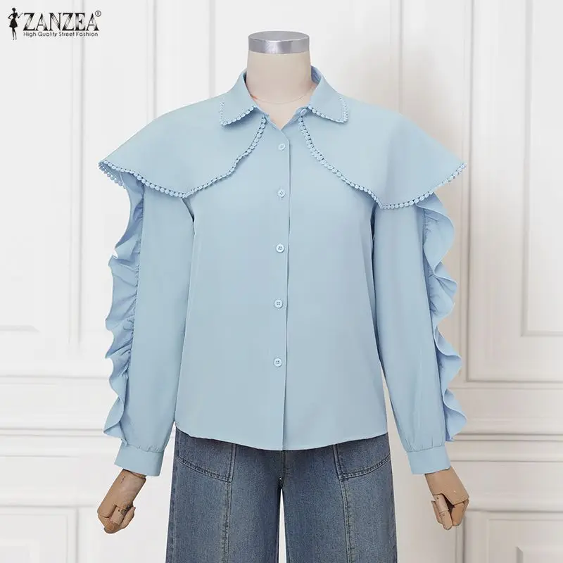 

ZANZEA 2026 Модные женские рубашки с длинным рукавом, осенние топы с шалевым воротником, повседневные однотонные блузки, элегантные офисные блузы для женщин на весну