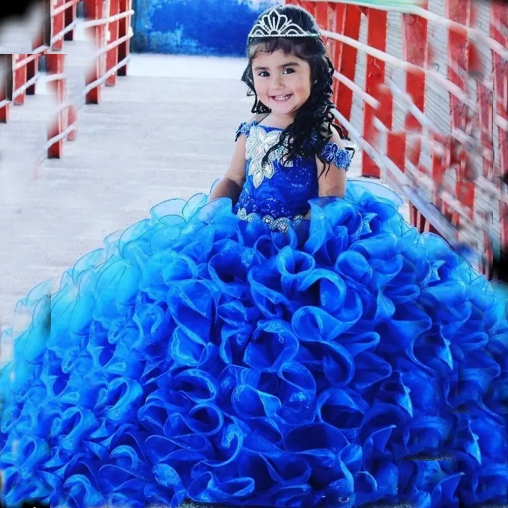 Rustic Royal Blue Flower Girls Dresses Off the Shoulder Ruffles Kids Birthday Party Gown Crystal Ball Gown Kids Pageant Dress