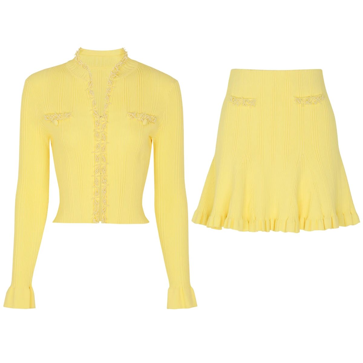 High Quality Spring And Autumn New Fashion Temperament Commuting Bead Long Sleeved V-Neck Knitted Women's Top Jacket+Skirt Set