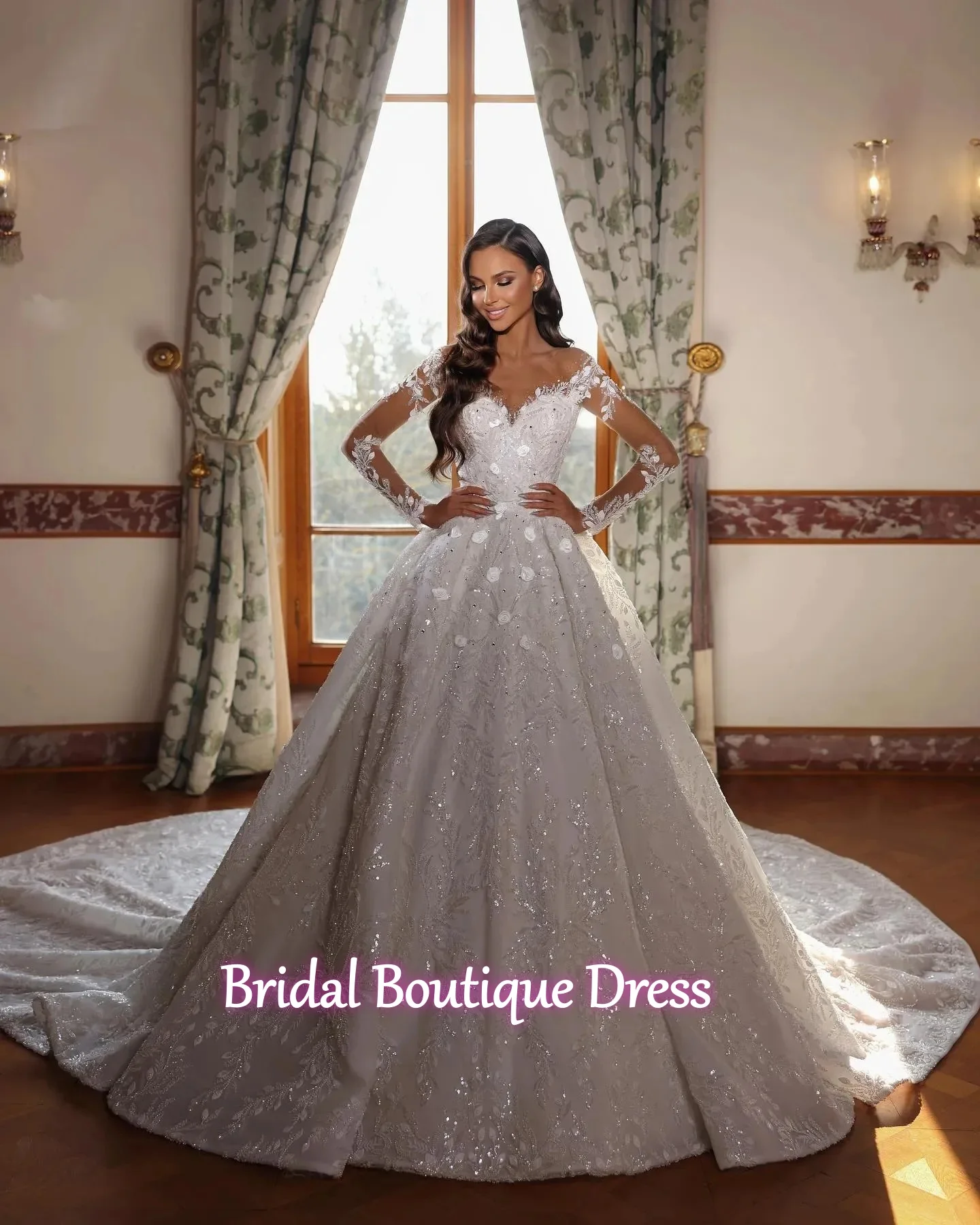 Personalizado requintado vestido de baile mangas compridas com decote em v vestido de casamento lantejoulas rendas apliques contas vestidos de noiva vestina de novia