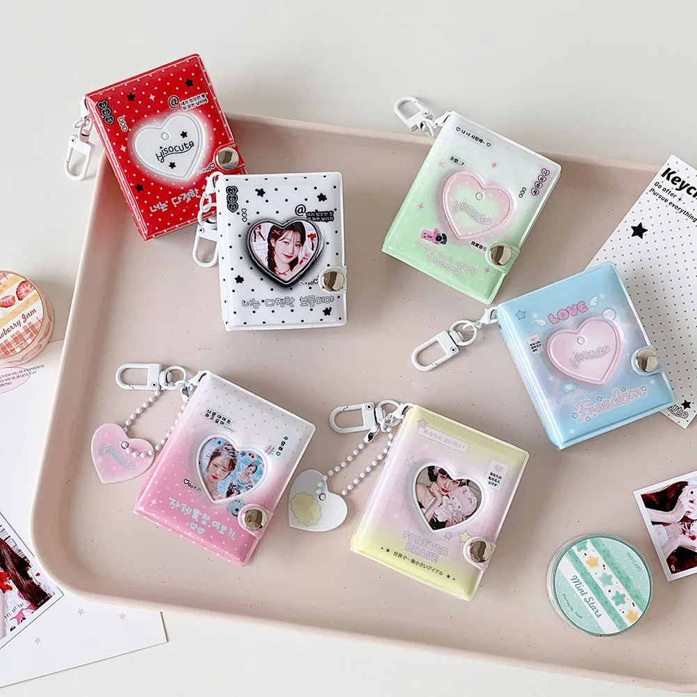 Love Heart Small Photo Album Keychain Pink Whiteness Photocard Album for 2 Inch Photo Storage Clear Pocket Sleeves Portable