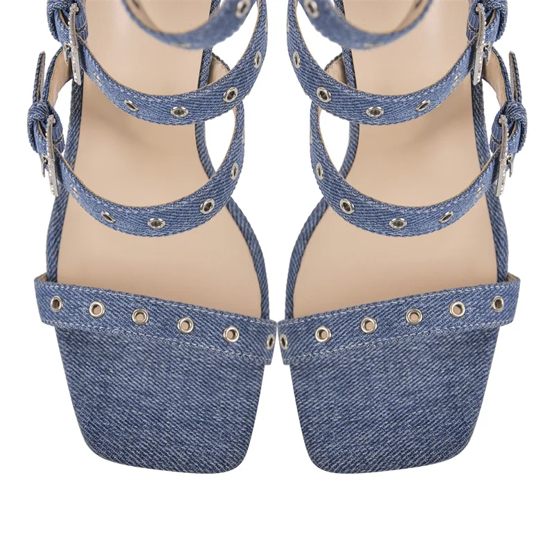 Onlymaker donna Denim Hollow Buckle Starp stivali a spillo alla coscia sandali tagliati alla coscia alti stivali scavati