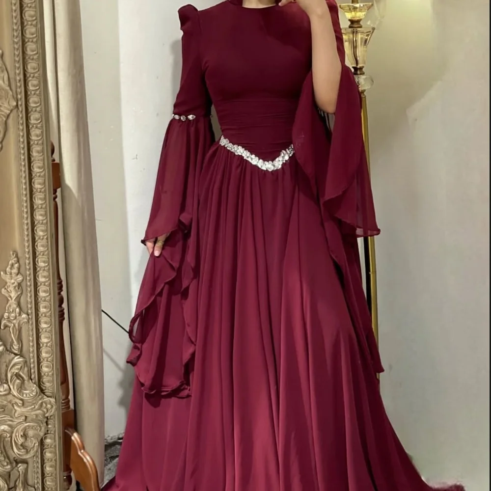 

Customized High Quality Retro Chiffon Draped Rhinestone A-line O-Neck Long Dresses Bespoke Occasion Dresses Modern Style Classic