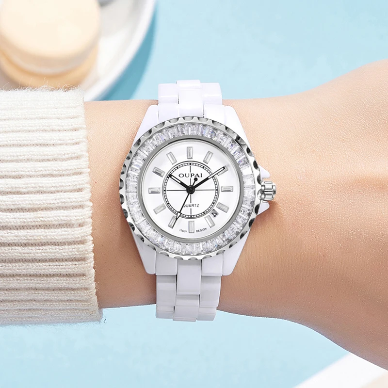 Oupai round dial, white ceramic strap watch, women's diamond-set water, diamond, British movement, calendar, women's watch, styl