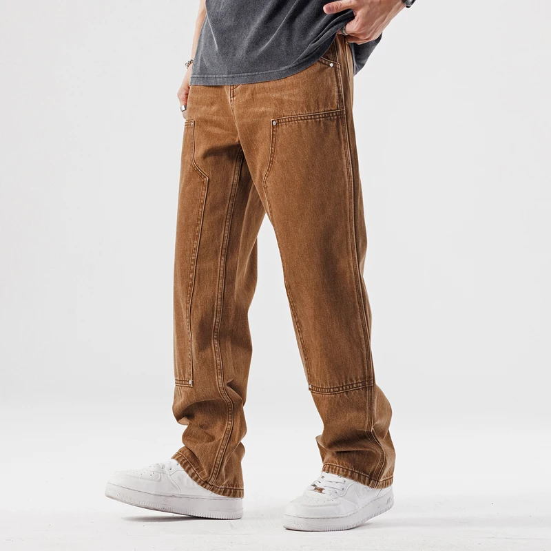 New Loose Brown Jeans for Mens Spring and Summer Straight Pocket Decorative Pants