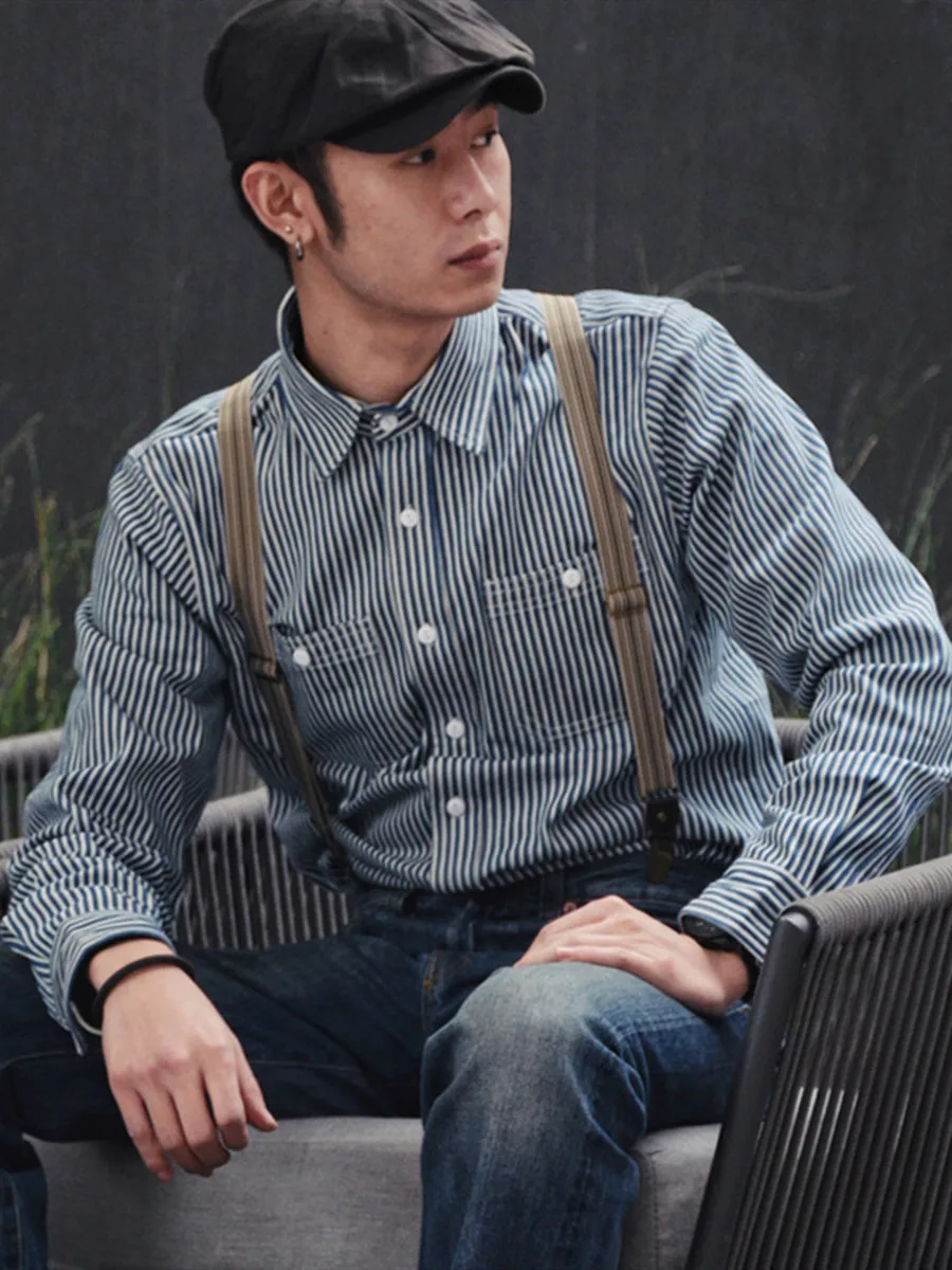 

Мужская рабочая рубашка Heavyweight American Retro Amekaji из хлопка с длинными рукавами, с двумя карманами, сине-белыми полосками