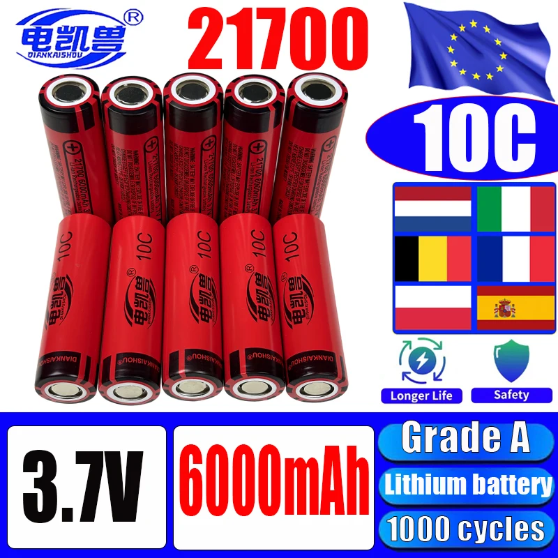10C Discharge Grade A P60 New 21700 3.7V 6000mAh 1000 Cycles Lithium-Ion Rechargeable Battery with Large Capacity High Power