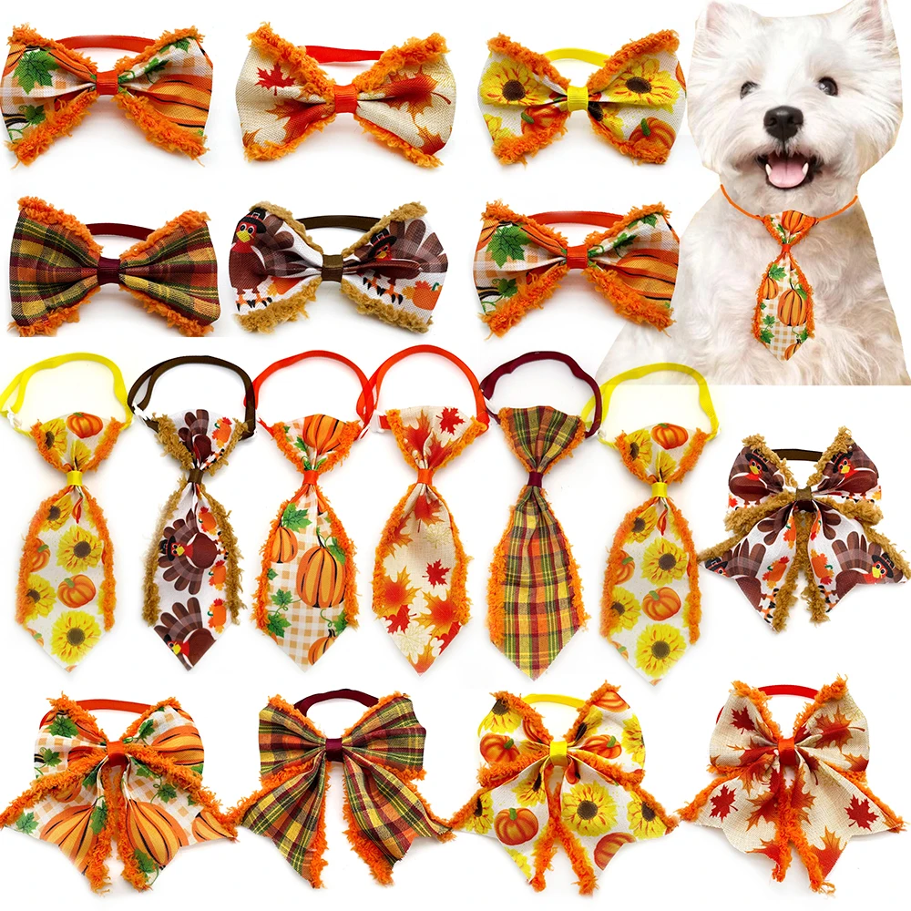 30/50pcs Fall Pet Product Dog Bowtie Necktie Fluffy Style Ties Thanksgiving Small Dog Bowtie Pet Dog Grooming Collar Accessoreis