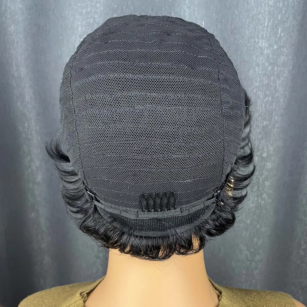 Pelucas de cabello humano Pixie para mujeres negras, reflejos rubios, cabello humano Remy corto y recto, peluca hecha a máquina con flequillo