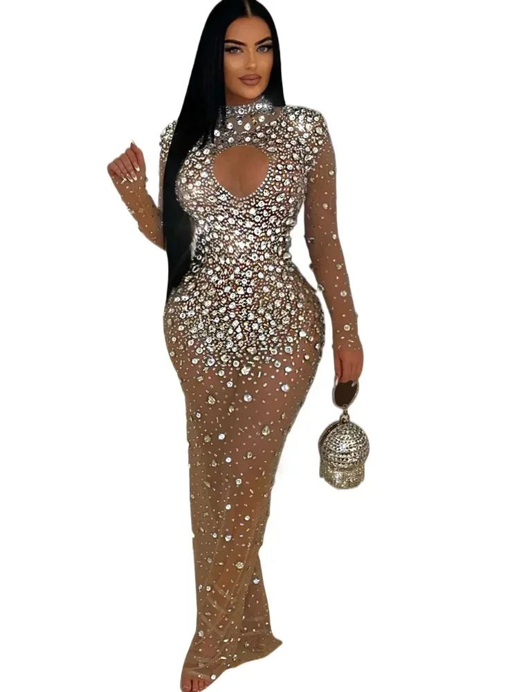 Beautiful Brown Cut-Out Long Sleeve Crystal Mesh Sheer Evening Dress Glam See-Through Diamonds Party Dresses Outfits