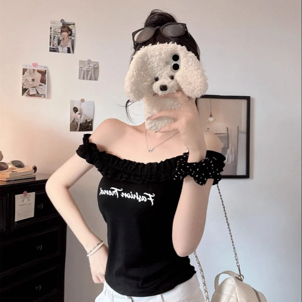 Summer New Sexy Pure Desire One Shoulder Letter Print Tube Top Women's Slim Fit Fixed Strap Chest Pad Versatile Nylon Cotton ...