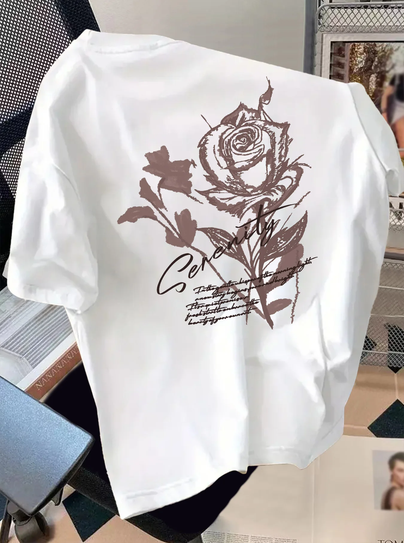 Men Hip‑Hop T‑Shirt Art Sketch Rose Handwritten Font Back Print Polyester Fashion Short Sleeve Tops S‑XXL