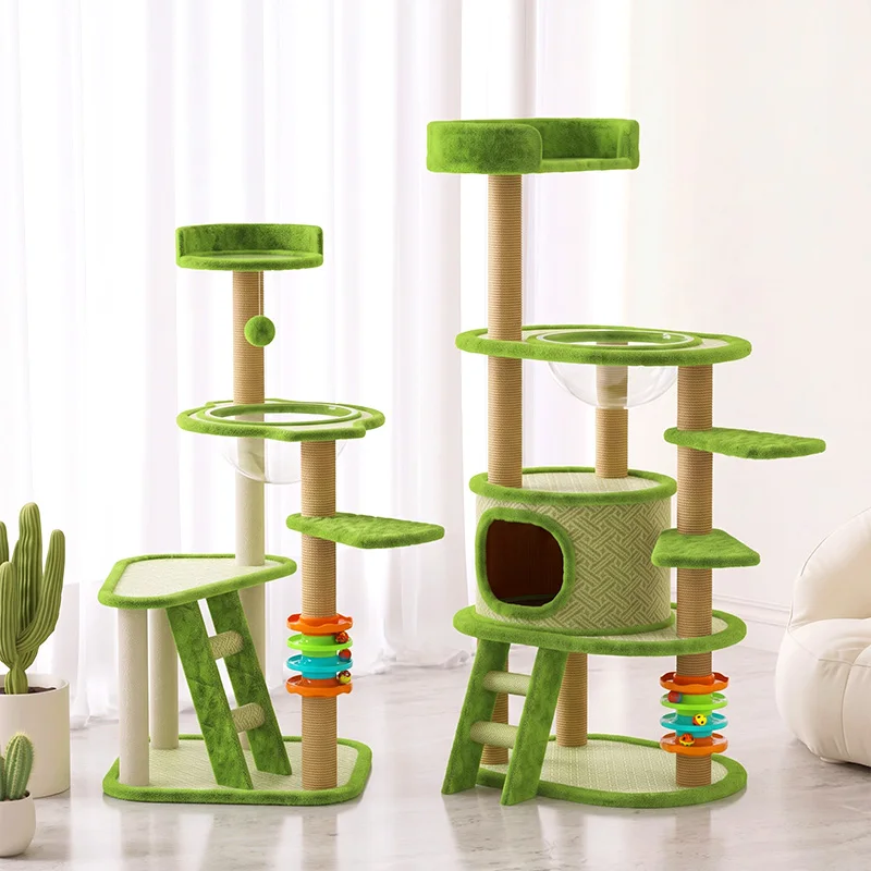 Large Cat Tree with Cooling Mat, All-in-One Green Cat Tower with Jump Platform, All Season Indoor Pet Furniture